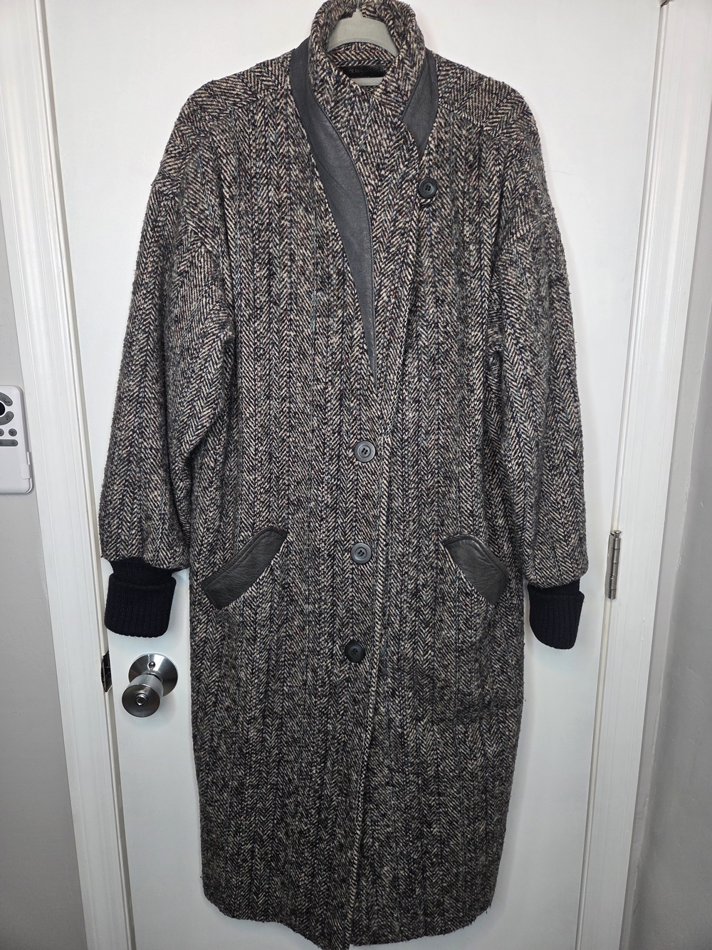Vintage 80s Michelle Stuart Wool Tweed Long Coat Leather Trim Made in USA